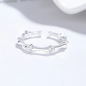 Elegant 925 sterling silver bamboo joint open ring with sparkling zircon stones