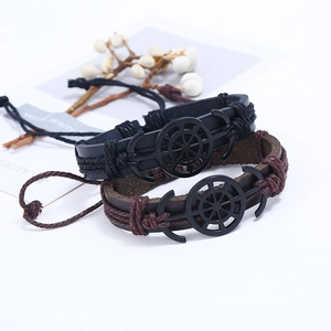 Retro woven leather bracelets with black anchor and helm charms in black and brown