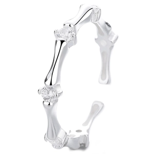 925 silver bamboo joint open ring with sparkling zircon stones in a sleek adjustable design