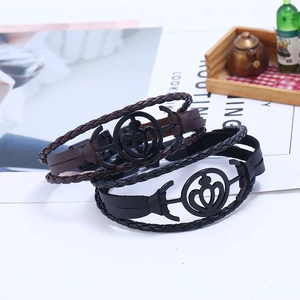 Braided leather bracelets set with black alloy anchor crown charms in black and brown