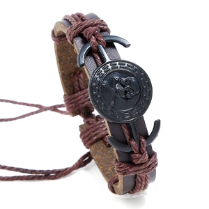 Bracelet Tressé en Cuir Synthétique pour Hommes Vintage Punk Pendentif Crâne et Ancre en Alliage Réglable