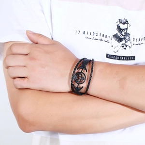 Men's multilayer black braided leather bracelet with black alloy nautical anchor clasp