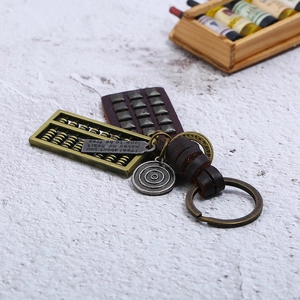 Retro punk woven leather keychain with bronze abacus pendant and engraved metal tags