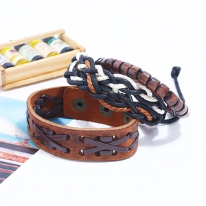 Retro multi-layer men's leather bracelet set with woven ropes and wooden beads