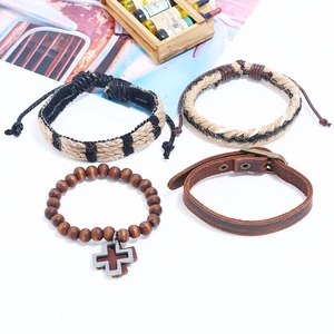 Set of 4 vintage braided leather bracelets with cross pendant and wooden beads