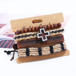 Handmade multilayer leather bracelet set with wooden beads and metal cross charm