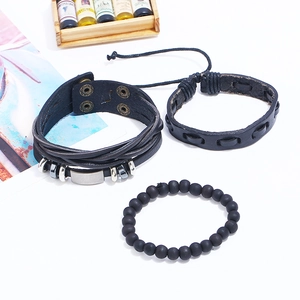 Three-piece men's punk jewelry set with woven leather bracelets and matte beads