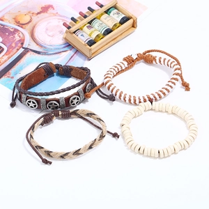 Men's retro four-piece leather bracelet set with pentagram studs and braided ropes
