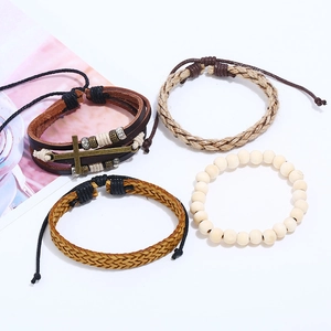 Retro handmade braided leather bracelet set with bronze cross and wooden beads