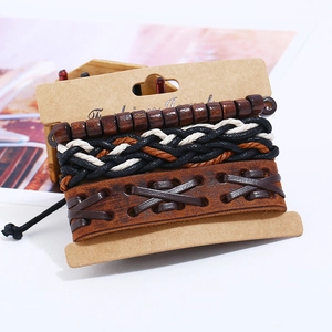 Men's retro multilayer leather bracelet set with woven ropes and wooden beads