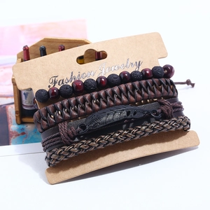 Men's vintage bohemian layered bracelet set with woven leather and feather charm