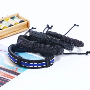 Men's retro four-piece bracelet set with woven leather, beads and striped fabric