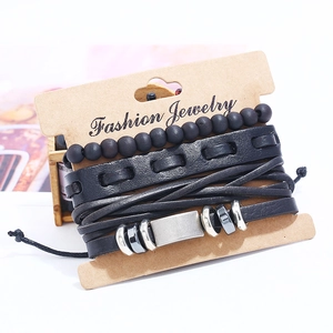 Retro multi-layer men's leather bracelet set with braided rope and black matte beads