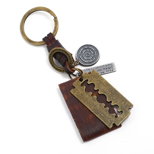 Vintage Punk Genuine Leather Woven Keychain With Alloy Razor Blade Pendant Retro Men Women Key Ring Holder Bag Charm Gift