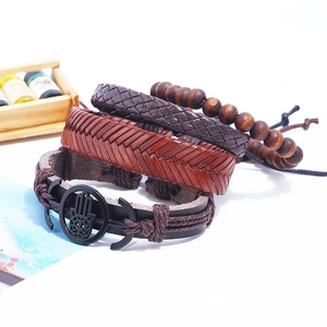 Retro multi-layer faux leather bracelet set with wooden beads and Hamsa Hand charm for men