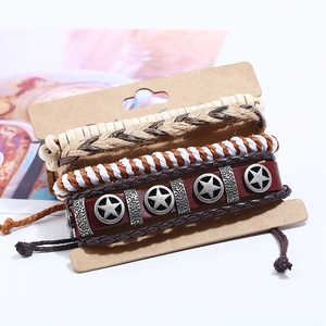 Retro multi-layer leather bracelet set with pentagram stars and braided wooden beads