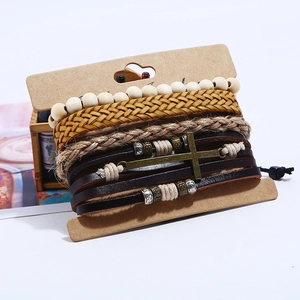 Handmade multilayer leather bracelet set with cross pendant and vintage wood beads