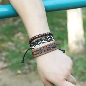 Vintage multi-layer braided leather bracelet set for men with wooden beads and woven cords