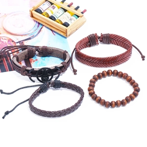 Men's vintage DIY four-piece set of brown faux leather and wood bead woven bracelets