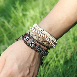 Men's retro leather bracelet set with five-pointed metal stars and braided fiber details