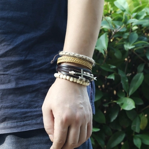 Handmade layered leather bracelet set with cross pendant and beads for women and men