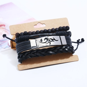 Men's multi-layer vintage leather bracelet with black beads and tribal totem metal plate