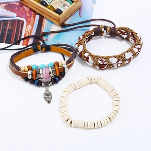 Bohemian punk multi-layer leather bead bracelet set with owl charm and braided fiber
