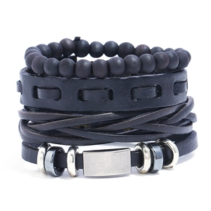 Vintage Punk Men Multilayer Leather Bracelet Braided Cowhide Wood Beads Metal Charm Adjustable Wristband Fashion Jewelry