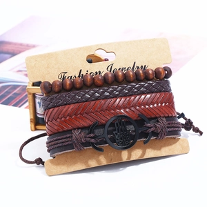 Men's 4-piece vintage leather bracelet set with Hamsa hand charm and wooden beads