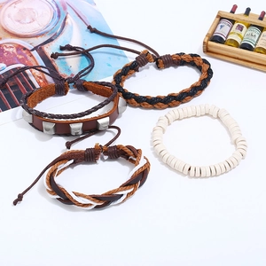 Retro multi-layer leather bracelet set with woven hemp rope and metal studs for men