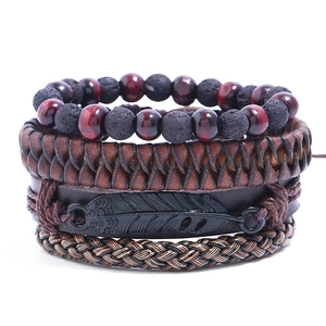 Retro Men Braided Synthetic Leather Bracelet Vintage Feather Pendant Volcanic Stone Wood Beads Multi-layer Wrap Jewelry