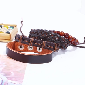 Three-piece retro braided genuine leather bracelet set for men with metal snap closure