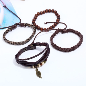 Men's vintage bohemian layered leather bracelet set with wooden beads and leaf charm