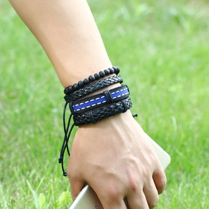 Men's 4-piece set of woven leather and beaded bracelets with adjustable drawstrings