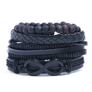 Bracciale in Pelle Vintage da Uomo Impilabile Intrecciato Polsino in Pelle Bovina Simbolo Infinito Perle di Legno Corda Cerata Gioielli Punk Multistrato