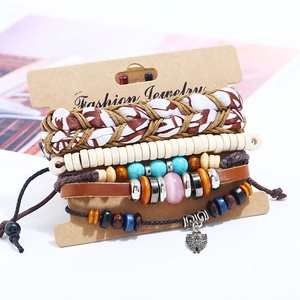 Bohemian multilayer leather bracelet set with wooden beads and silver owl charm
