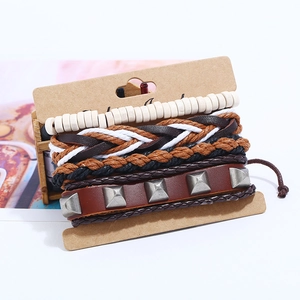 Retro multilayer leather bracelet set with woven ropes, wooden beads and silver studs