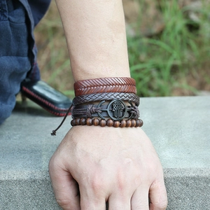 Men's vintage braided leather bracelet set with Hamsa Hand and wooden beads stack