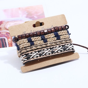 Bracelet multicouche vintage en cuir pour homme avec corde de chanvre et perles