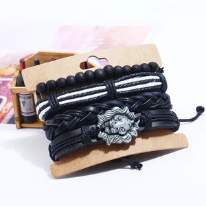 Men's retro multi-layer leather bracelet set with beads and silver lion head charm