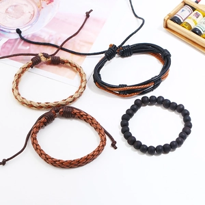 Four-piece retro braided leather and bead bracelet set for men in punk bohemian style