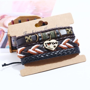 Bracelet multicouche en cuir véritable rétro avec pendentif coeur en bronze