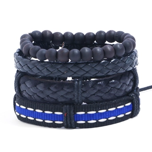 Men Vintage Braided Cowhide Leather Bracelets Retro Handmade Wood Beads Wax Cord Adjustable Punk Boho Multilayer Jewelry