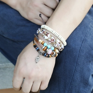Handmade multilayer punk leather bracelet set with wooden beads and owl pendant