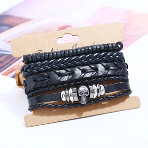 Ensemble de 5 bracelets punk pour hommes avec cuir noir tressé et perles de crâne