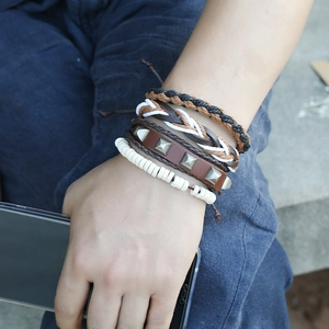 Men's vintage multilayer leather bracelet set with braided ropes and metal rivets