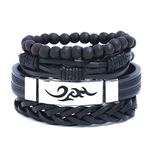 Punk Ethnic Leather Bracelet Set For Men Women Vintage Braided Cowhide Wood Bead Stainless Steel Tribal Charm Bracelet