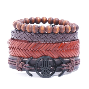 4Pcs Set Vintage Punk Men Braided PU Leather Bracelets With Wood Beads Hamsa Hand Pendant Bohemian Multilayer Jewelry
