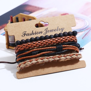 Retro multi-layer woven leather bracelet set for men with black beads and jute rope