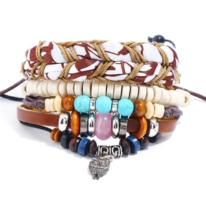 Vintage Bohemian Multilayer Leather Bracelet For Women Men Handmade Braided Owl Charm Wood Beaded Wrap Bracelets Ethnic Jewelry
